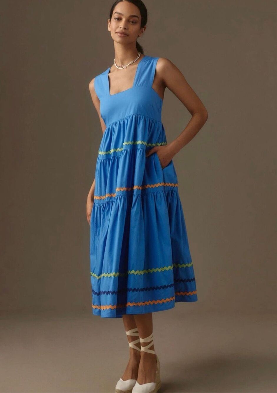 Anthropologie Midi Dress Small Helena Tiered Ric Rac Square Neck Boho Summer